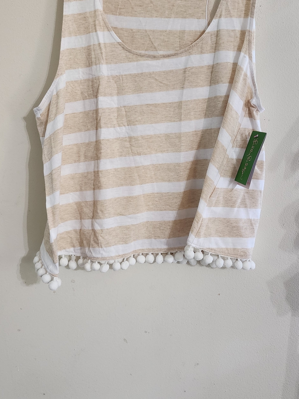Lilly Pulitzer NWT Tan White Striped Pom Pom Hem Tank Top Size XL
